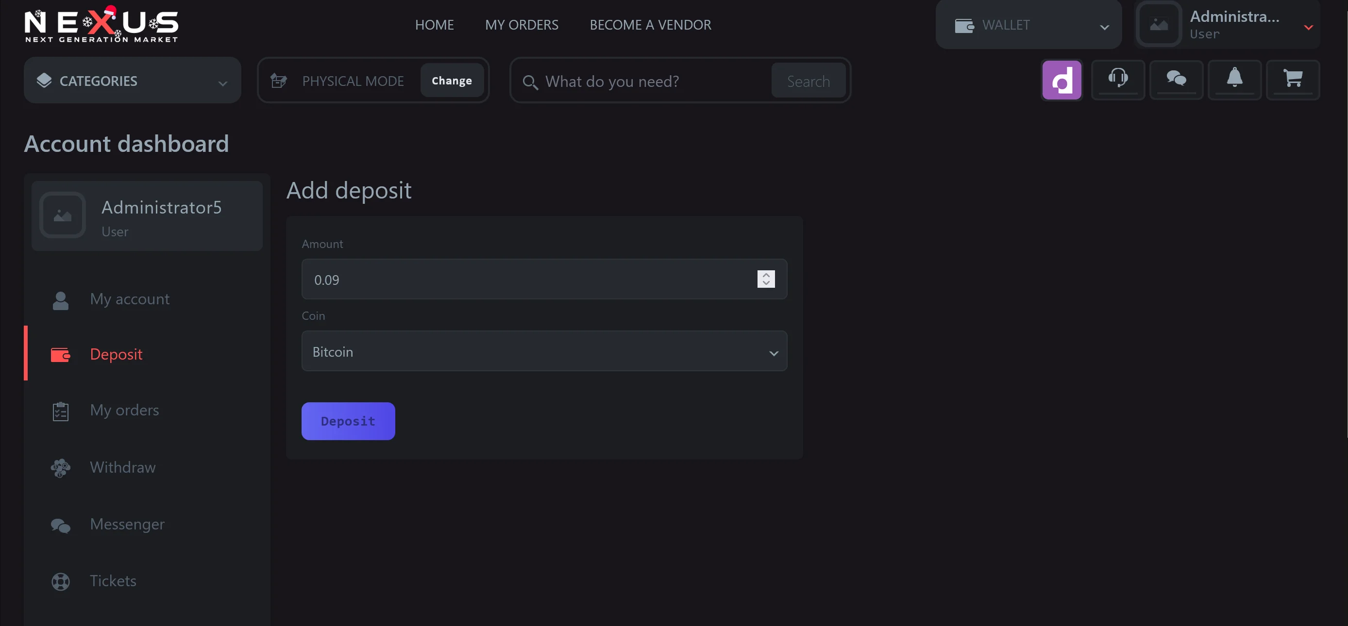 Nexus cryptocurrency deposit interface - BTC and XMR deposit addresses