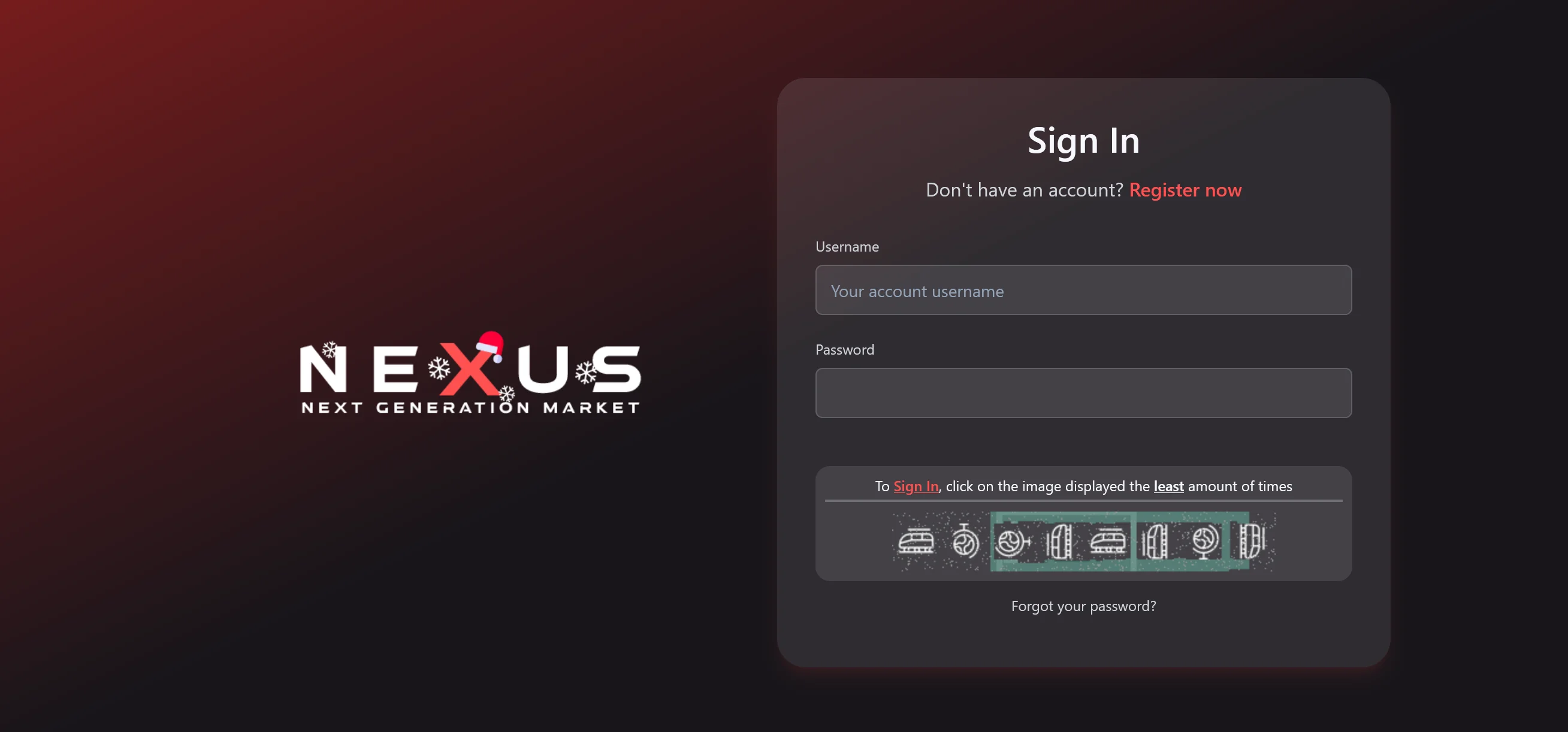 Nexus Market login page - secure sign-in interface with captcha