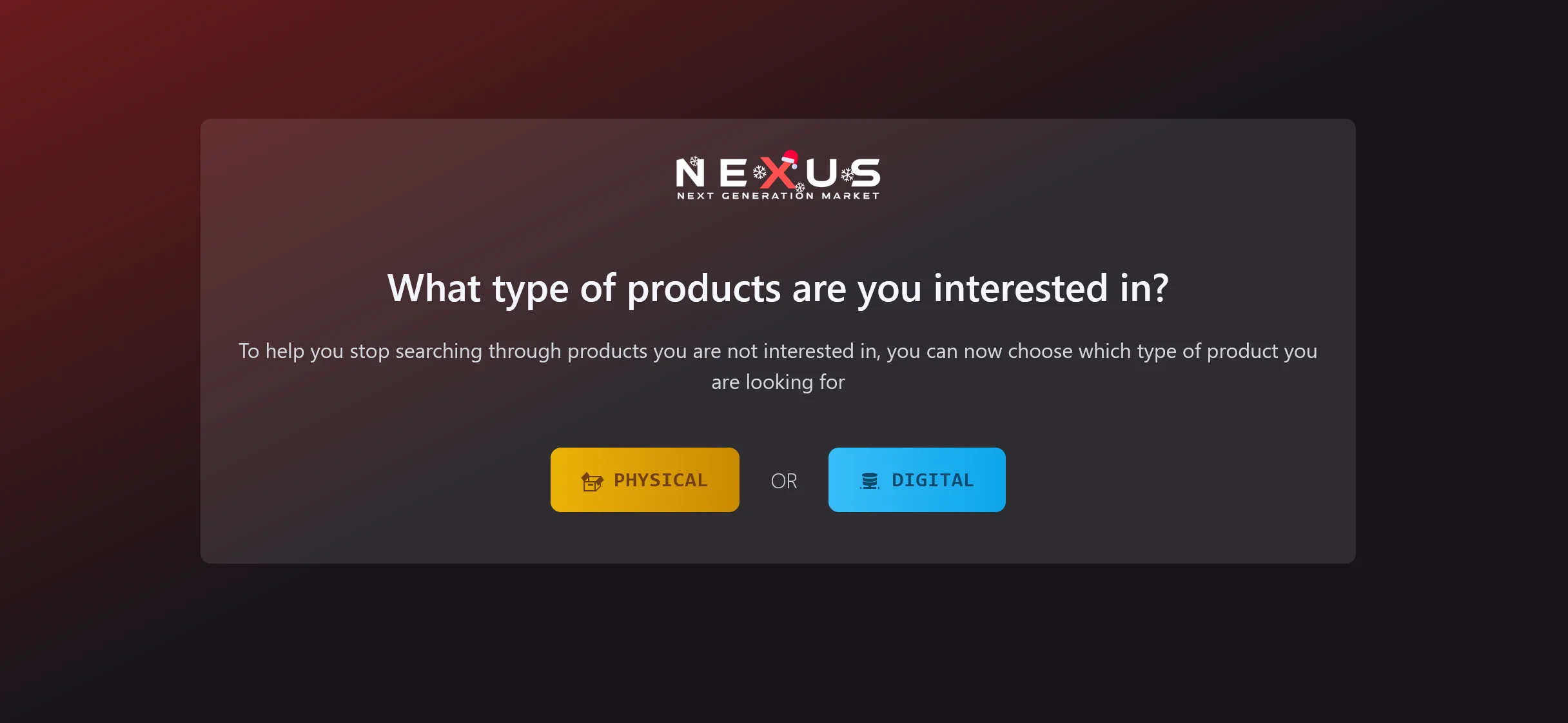 Product type selection - browsing Nexus Market categories
